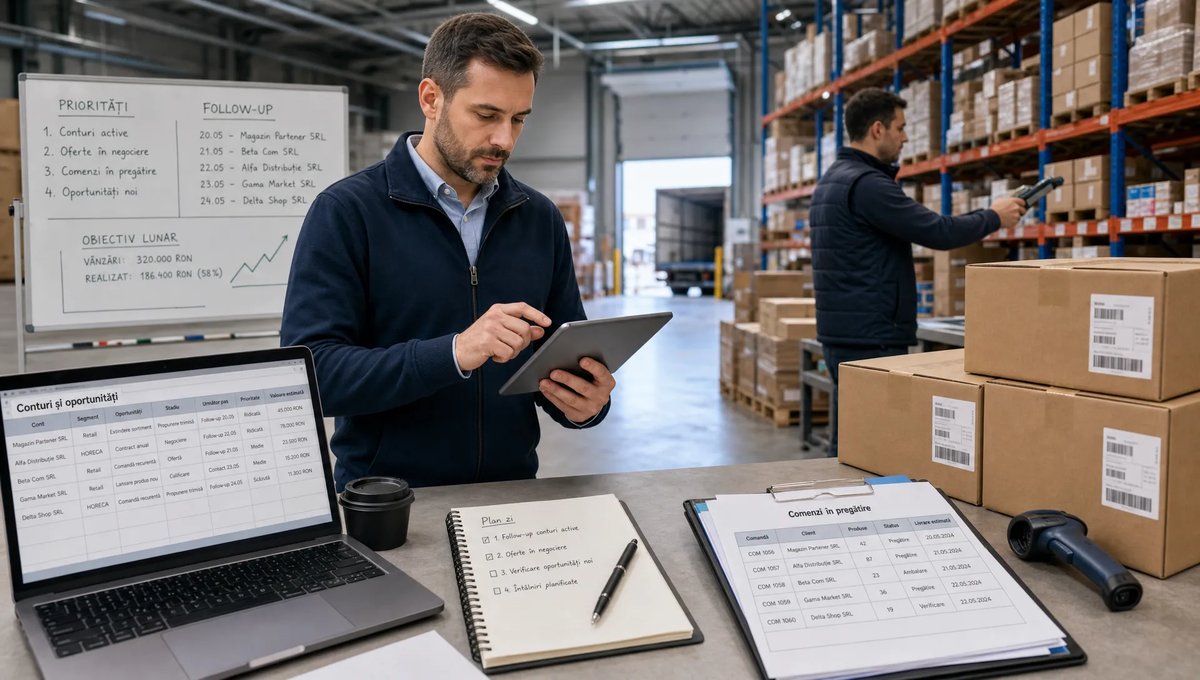O scenă largă într-un depozit en-gros modern, cu un reprezentant de vânzări B2B în prim-plan privind o tabletă și comparând date despre conturi, iar în jur se văd cutii pregătite pentru livrare, documente de comandă și un coleg în fundal care verifică stocul; compoziția sugerează prioritizare, follow-up și colaborare între vânzări și operațional.