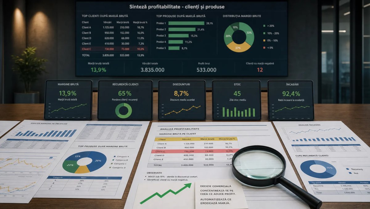O scenă conceptuală de tip reportaj financiar într-un spațiu de analiză modern, fără birou aglomerat: pe o masă lungă sunt așezate grafice tipărite și un set de tablouri cu indicatori despre marjă, recurență, discounturi, stoc și încasări, iar în fundal se vede discret un panou mare cu sinteza profitabilității pe clienți și produse. În prim-plan, un singur obiect simbolic pentru decizie comercială — o lupă lângă un raport evidențiat și un semn de trend — sugerează identificarea rapidă a punctelor în care se pierd bani și a zonelor care merită automatizate. Compoziția trebuie să transmită analiză de profit, nu logistică de depozit și nu un flux de comandă pe laptop.