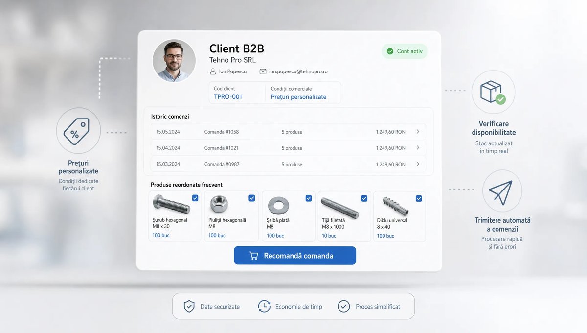 O scenă conceptuală într-un spațiu neutru, centrată pe un singur card de client B2B în prim-plan, alături de un istoric scurt de comenzi și câteva etichete de produse reordonate clar, sugerând reluarea rapidă a unei comenzi recurente. În fundal se văd discret simboluri pentru prețuri personalizate, verificare de disponibilitate și trimitere automată a comenzii, fără birou aglomerat și fără depozit dominant.