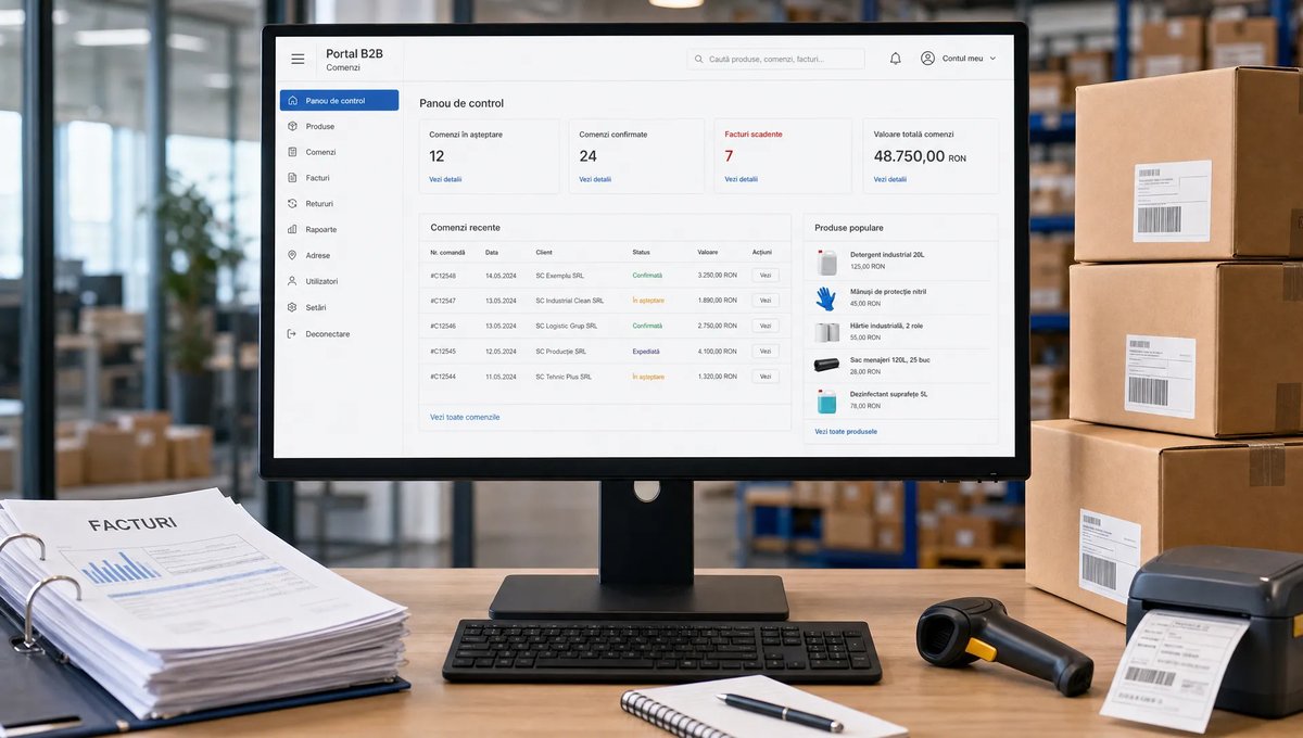 Un portal B2B de comenzi deschis pe un monitor mare, cu ecranul orientat spre cameră și fără conținut vizibil în spatele lui, lângă un pachet de documente de facturare și un teanc de cutii pregătite pentru expediere, surprinse într-un birou logistic modern care sugerează procese scalabile și control operațional.