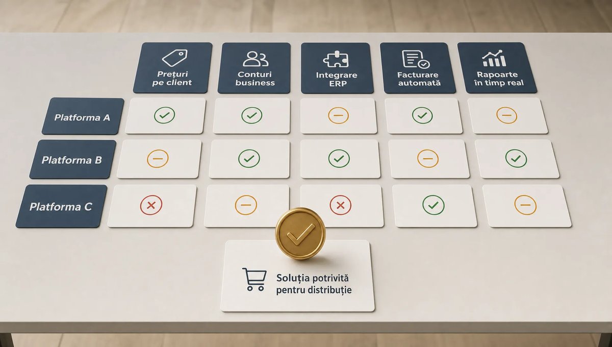 O scenă conceptuală într-un spațiu de lucru neutru, cu un set de carduri și panouri care reprezintă criteriile de selecție pentru o platformă B2B en-gros: prețuri pe client, conturi business, integrare ERP, facturare automată și rapoarte în timp real, aranjate ca o matrice de comparație pe o masă simplă; în centru se află un singur element simbolic care sugerează alegerea unei soluții potrivite pentru distribuție, fără birou aglomerat, fără depozit și fără personaj principal.