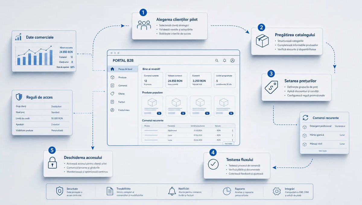 O scenă conceptuală de tip blueprint într-un spațiu neutru, cu un plan de lansare a unui portal B2B prezentat ca o hartă simplă a pașilor: alegerea clienților pilot, pregătirea catalogului, setarea prețurilor, testarea fluxului și deschiderea accesului. În centru se află o singură schemă clară a portalului, iar în jur apar elemente ordonate care sugerează date comerciale, reguli de acces și comenzi recurente, fără birou aglomerat și fără personaj principal.