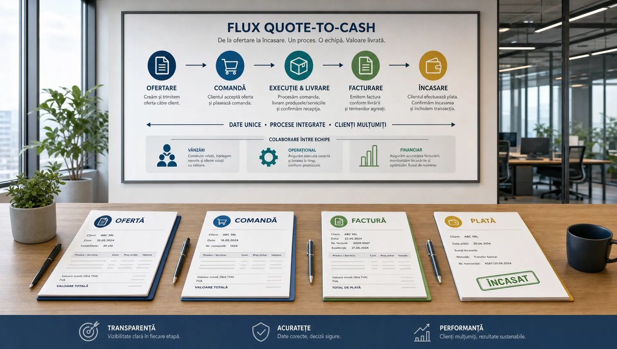 O scenă largă, conceptuală, într-un birou comercial modern, cu o masă lungă pe care sunt așezate ordonat o ofertă, o comandă, o factură și un document de plată, iar în fundal se vede un panou de proces orientat spre cameră cu săgeți între etapele fluxului quote-to-cash; compoziția sugerează trecerea clară de la ofertare la încasare, cu accent pe coordonarea dintre vânzări, operațional și financiar.