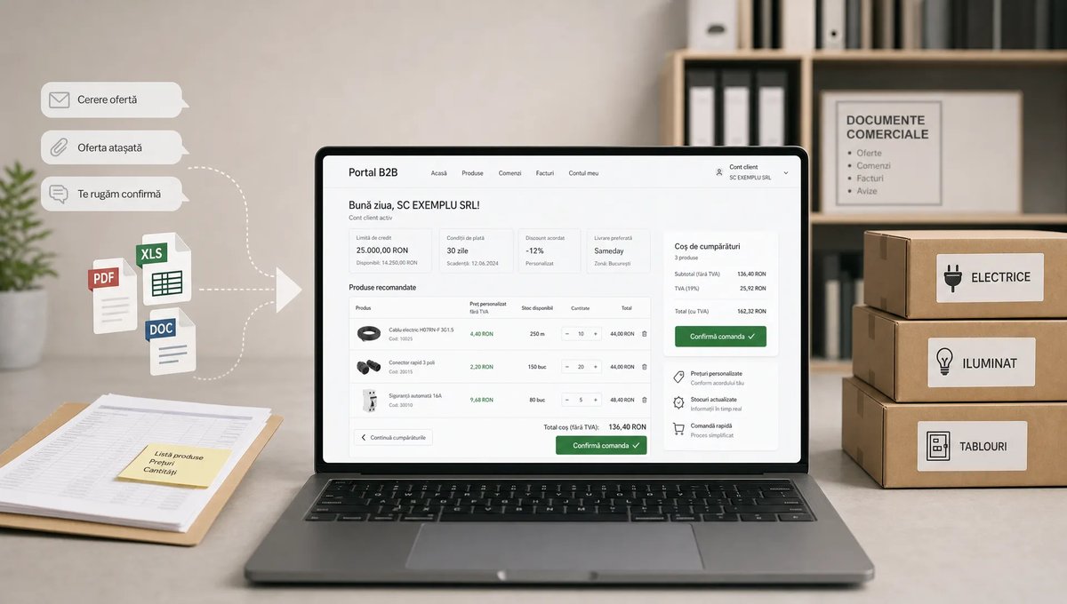 O scenă conceptuală într-un spațiu neutru de lucru, centrată pe un laptop orientat spre cameră care afișează un portal B2B cu cont client, preț personalizat, coș de comandă și buton de confirmare, iar în jur apar câteva elemente ordonate care sugerează trecerea de la mesaje și fișiere la un flux digital clar; în fundal, discret, se vede o zonă de documente comerciale și un set de cutii etichetate, fără birou aglomerat și fără personaj principal.