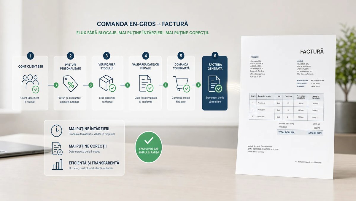 O scenă conceptuală într-un spațiu neutru de lucru, cu o singură factură tipărită în prim-plan și, în spatele ei, un traseu clar al unei comenzi en-gros: un cont client B2B, prețuri personalizate, verificarea stocului, validarea datelor fiscale și trimiterea documentului către client. Elementele sunt ordonate ca pași succesivi, cu accent pe momentul în care comanda se transformă în factură fără blocaje, fără birou aglomerat și fără depozit. Compoziția trebuie să sugereze reducerea întârzierilor și a corecțiilor în facturarea B2B.
