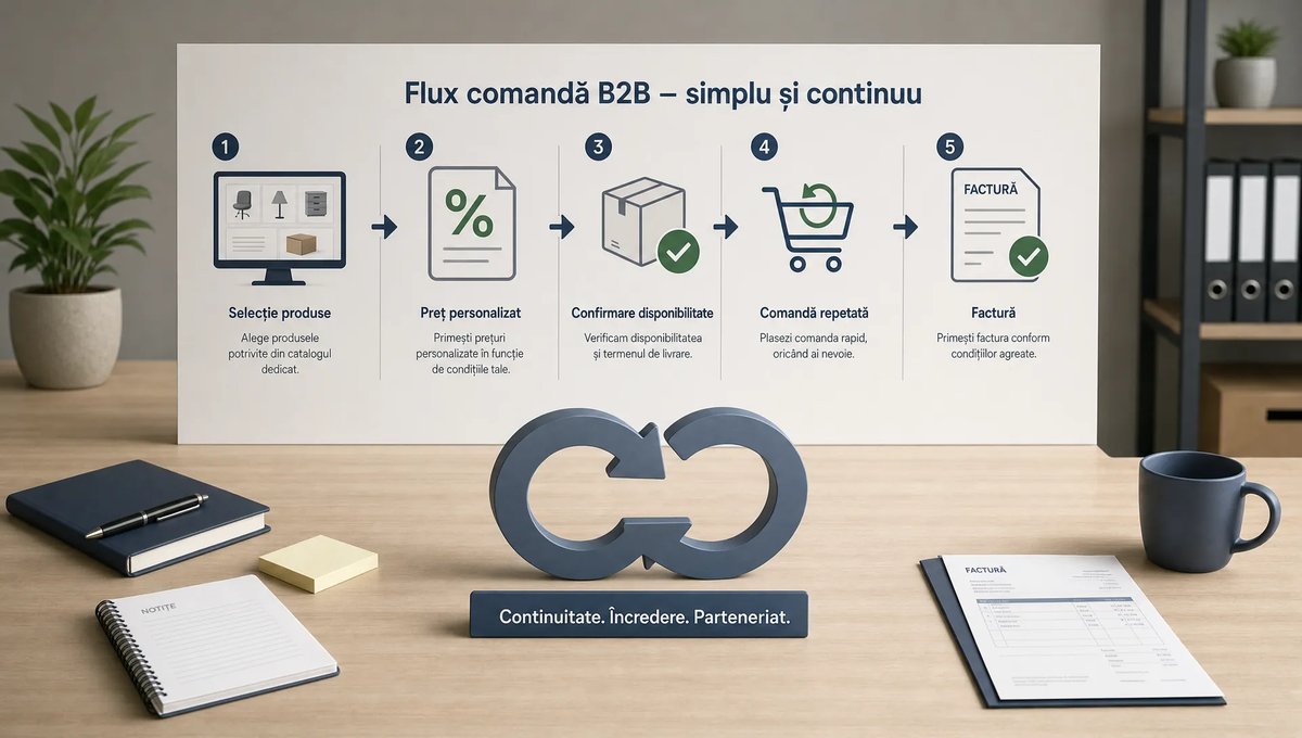Un cadru de tip scenă conceptuală într-un spațiu neutru de lucru, cu un singur flux de comandă B2B ilustrat ca o serie de etape clare: selecție produse, preț personalizat, confirmare disponibilitate, comandă repetată și factură, sugerate prin elemente ordonate pe o masă simplă și un panou discret orientat spre cameră; în centru se află un simbol al continuității comenzilor recurente, fără birou aglomerat și fără personaj principal.