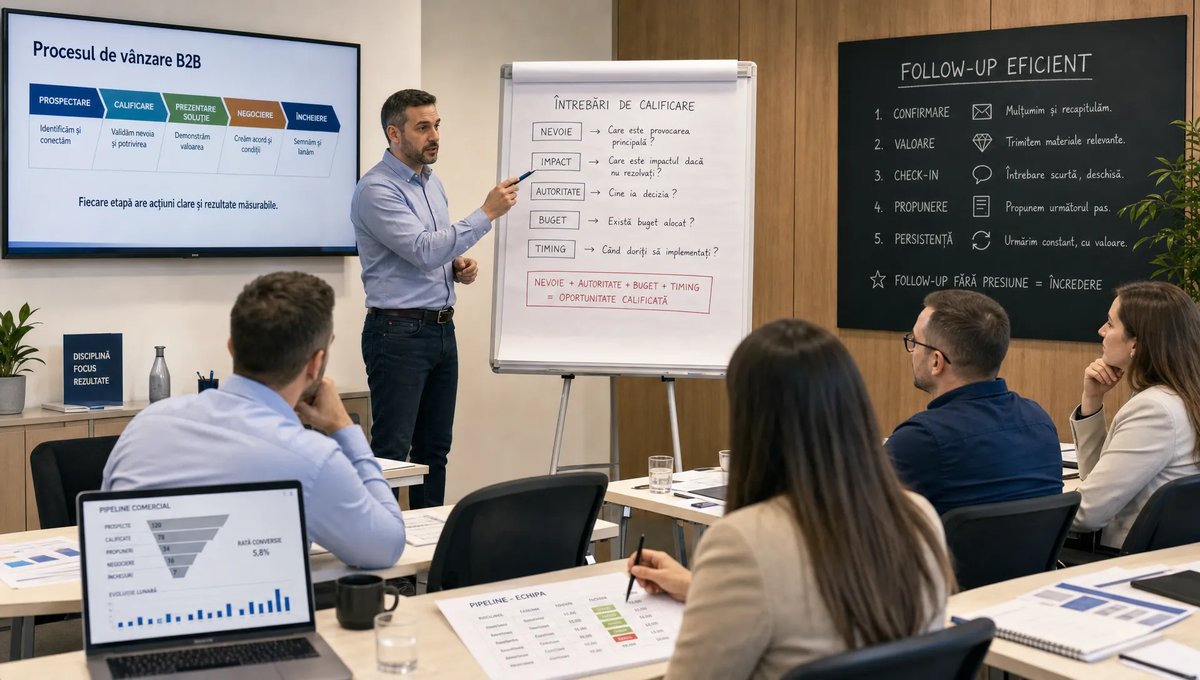 O scenă largă într-o sală de training comercial, cu un facilitator în fața unui flipchart, câțiva participanți B2B așezați la mese cu notițe și grafice de pipeline, și o tablă cu pași de calificare și follow-up în fundal; compoziția sugerează învățare practică, negociere și alinierea echipei asupra procesului de vânzare.