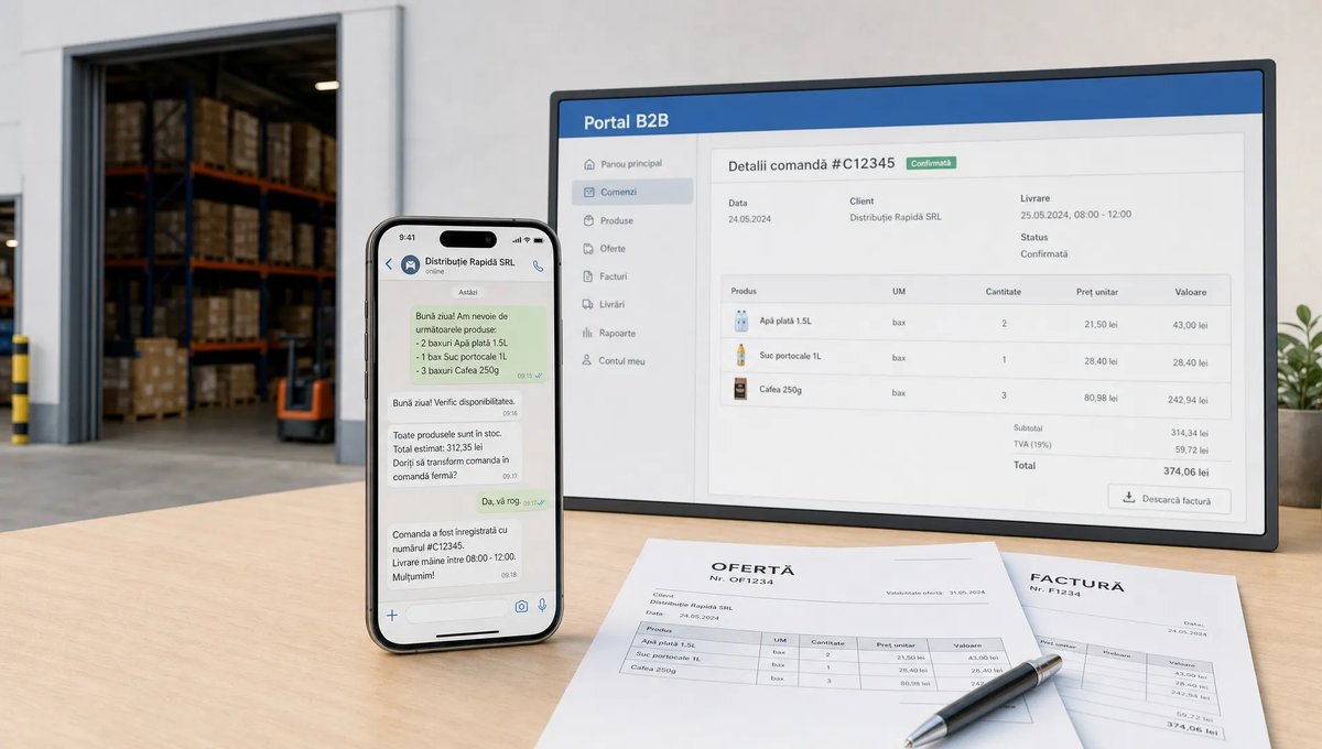 O scenă conceptuală într-un spațiu de tranzit și comunicare pentru distribuție, cu un smartphone orientat spre cameră afișând o conversație de comandă, alături de o interfață de portal B2B sugerată pe un panou simplu și câteva documente comerciale ordonate pe o masă, în timp ce în fundal se vede discret intrarea unui depozit și rafturi cu marfă; compoziția arată trecerea de la mesaje rapide la comenzi structurate, fără birou aglomerat și fără personaj principal.