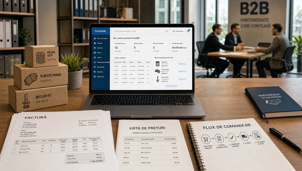 O scenă largă, conceptuală, într-un spațiu de birou modern, cu un laptop deschis orientat spre cameră pe care se vede un portal de comenzi B2B, iar în jur sunt aliniate facturi, o listă de prețuri și câteva cutii de produse; în fundal se distinge discret o zonă de întâlnire pentru negociere între companii, sugerând vânzări B2B, prețuri personalizate și flux de comandă organizat.