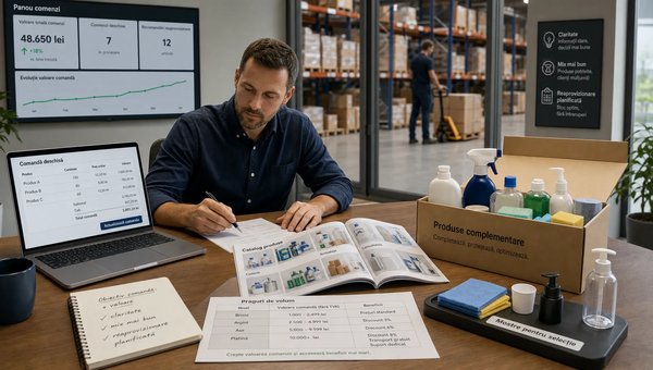 O scenă largă într-un spațiu de lucru comercial modern, cu un cumpărător en-gros la o masă analizând o comandă deschisă, un catalog de produse și un tabel cu praguri de volum, în timp ce alături se vede o cutie cu produse complementare și câteva mostre pregătite pentru selectare; în fundal apare discret o zonă de depozit și un panou simplu cu indicatori de comenzi, sugerând creșterea valorii comenzii prin claritate, mix mai bun și reaprovizionare planificată.