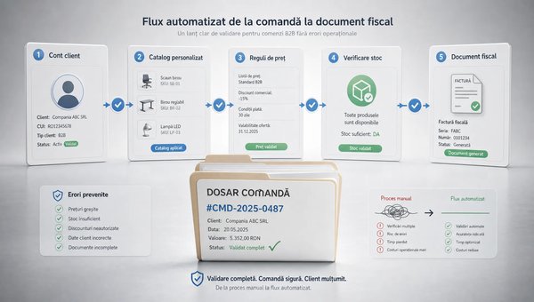 Un cadru conceptual într-un spațiu neutru, cu o comandă B2B afișată ca un lanț clar de validare: un cont de client, un catalog personalizat, reguli de preț, verificarea stocului și un document fiscal final, toate reprezentate ca elemente separate dar conectate ordonat. În prim-plan se află un singur dosar de comandă evidențiat și câteva marcaje discrete pentru erori prevenite, sugerând reducerea greșelilor operaționale și trecerea de la proces manual la flux automatizat, fără birou aglomerat și fără depozit.