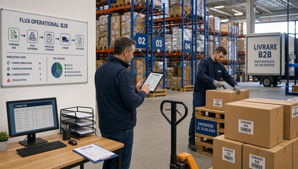 O scenă largă într-un centru de distribuție en-gros, cu culoare de rafturi, paleți cu marfă și un responsabil care verifică o listă de comenzi pe o tabletă, în timp ce un coleg pregătește expedierea unor cutii etichetate; compoziția sugerează relația dintre comenzi B2B, stoc, livrare și facturare într-un flux operațional clar.