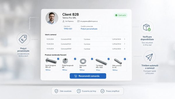 O scenă conceptuală într-un spațiu neutru, centrată pe un singur card de client B2B în prim-plan, alături de un istoric scurt de comenzi și câteva etichete de produse reordonate clar, sugerând reluarea rapidă a unei comenzi recurente. În fundal se văd discret simboluri pentru prețuri personalizate, verificare de disponibilitate și trimitere automată a comenzii, fără birou aglomerat și fără depozit dominant.
