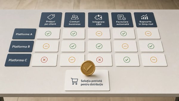 O scenă conceptuală într-un spațiu de lucru neutru, cu un set de carduri și panouri care reprezintă criteriile de selecție pentru o platformă B2B en-gros: prețuri pe client, conturi business, integrare ERP, facturare automată și rapoarte în timp real, aranjate ca o matrice de comparație pe o masă simplă; în centru se află un singur element simbolic care sugerează alegerea unei soluții potrivite pentru distribuție, fără birou aglomerat, fără depozit și fără personaj principal.