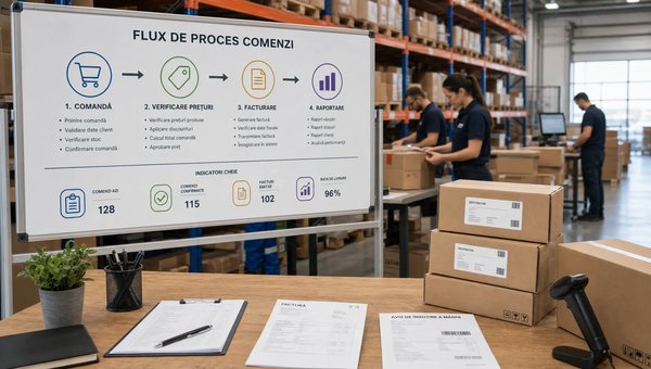 Un spațiu de lucru operațional într-un depozit modern, cu o echipă mică în fundal și un panou mare de planificare orientat spre cameră care arată un flux de comandă, verificare prețuri, facturare și raportare, alături de cutii pregătite pentru livrare și documente comerciale ordonate pe masă.