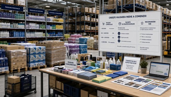 Un cadru de tip locație/establishing într-un depozit en-gros modern, văzut larg, în care accentul cade pe o zonă de pregătire a comenzilor cu rafturi ordonate, paleți grupați pe categorii și o masă de lucru cu mostre de produse complementare și un panou simplu orientat spre cameră care arată praguri comerciale, pachete de reaprovizionare și recomandări pentru comenzi B2B mai mari. Compoziția trebuie să sugereze creșterea valorii medii a comenzilor prin organizarea sortimentului și a fluxului comercial, fără personaj principal dominant.