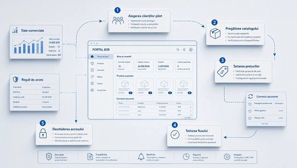 O scenă conceptuală de tip blueprint într-un spațiu neutru, cu un plan de lansare a unui portal B2B prezentat ca o hartă simplă a pașilor: alegerea clienților pilot, pregătirea catalogului, setarea prețurilor, testarea fluxului și deschiderea accesului. În centru se află o singură schemă clară a portalului, iar în jur apar elemente ordonate care sugerează date comerciale, reguli de acces și comenzi recurente, fără birou aglomerat și fără personaj principal.
