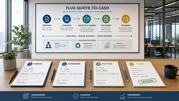 O scenă largă, conceptuală, într-un birou comercial modern, cu o masă lungă pe care sunt așezate ordonat o ofertă, o comandă, o factură și un document de plată, iar în fundal se vede un panou de proces orientat spre cameră cu săgeți între etapele fluxului quote-to-cash; compoziția sugerează trecerea clară de la ofertare la încasare, cu accent pe coordonarea dintre vânzări, operațional și financiar.
