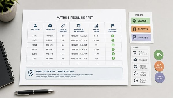 Un cadru conceptual într-un spațiu neutru de lucru, centrat pe o singură foaie mare cu o matrice clară de reguli de preț: cod client, cod produs, unitate de măsură, perioadă de valabilitate, prag de volum și ordine de prioritate marcate vizibil; alături se vede un set discret de etichete și semne pentru discounturi, promoții și excepții, sugerând cum se organizează prețurile personalizate în B2B ca reguli verificabile, nu ca note răspândite în documente separate, fără birou aglomerat și fără personaj principal.