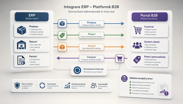 O scenă conceptuală într-un spațiu neutru, cu două sisteme reprezentate ca blocuri separate conectate printr-un flux clar de date: un panou pentru ERP cu produse, stocuri și facturi și un portal B2B cu comenzi, conturi de client și prețuri personalizate. În prim-plan se vede o schemă ordonată a sincronizării, cu săgeți pentru produse, prețuri, stocuri și comenzi, iar în lateral apare un document de validare a excepțiilor și erorilor. Compoziția trebuie să sugereze integrarea operațională dintre ERP și platforma B2B, nu un birou aglomerat sau un depozit.