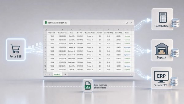 O scenă conceptuală într-un spațiu neutru, centrată pe un singur fișier CSV deschis în prim-plan, cu rânduri și coloane vizibile pentru comenzi en-gros, coduri SKU, cantități, prețuri și statusuri. În jurul lui apar ordonat câteva indicii discrete de transfer de date către contabilitate, depozit și un sistem ERP, sugerând că exportul CSV este puntea practică dintre portalul B2B și operațiunile interne. Compoziția trebuie să transmită clar ideea de date exportate și reutilizate, fără birou aglomerat, fără depozit dominant și fără personaj principal.