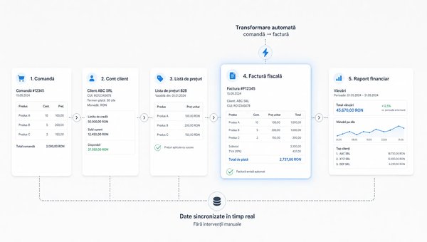 Un spațiu conceptual minimalist care arată automatizarea facturării B2B ca un lanț de pași conectați: o comandă, un cont client, o listă de prețuri, o factură și un raport financiar sunt prezentate ca elemente separate, legate clar între ele prin linii și marcaje discrete; în centru se află un singur document fiscal evidențiat, sugerând transformarea automată a comenzii în factură fără birou aglomerat, fără depozit și fără personaj principal.