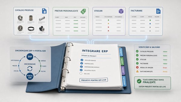 Un cadru conceptual într-un spațiu neutru, cu un singur dosar de integrare ERP deschis în prim-plan și, în spatele lui, patru module separate dar conectate clar: catalog produse, prețuri personalizate, stocuri și facturare. Lângă dosar apar o schemă de sincronizare și câteva marcaje de validare și eroare, sugerând verificările înainte de go-live și controlul fluxului dintre ERP și portalul B2B, fără birou aglomerat și fără depozit.
