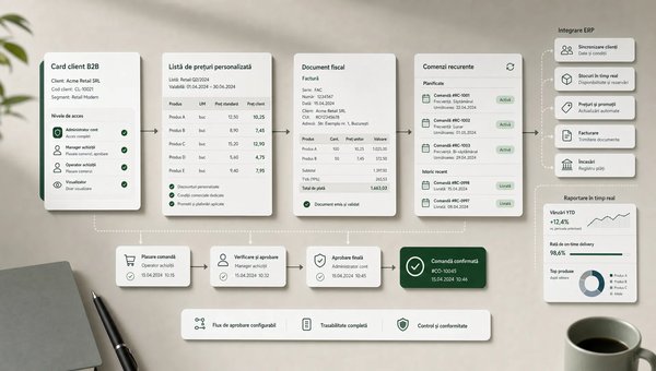 O scenă conceptuală într-un spațiu neutru de lucru, centrată pe un set clar de relații comerciale B2B: un card de client cu niveluri de acces, o listă de prețuri personalizate, un document fiscal și un panou scurt de comenzi recurente, toate așezate ordonat ca un flux de decizie și aprobare. În jur apar indicii discrete pentru integrarea cu ERP și raportarea în timp real, sugerând un proces de distribuție controlat, fără birou aglomerat, fără depozit dominant și fără personaj principal.