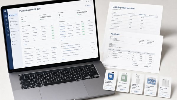 O scenă conceptuală de tip obiect, văzută din apropiere, cu un panou de comandă B2B deschis pe o suprafață curată alături de o listă de prețuri pe client, un document de facturare și un set de carduri de produse ordonate, sugerând modul în care producătorii gestionează prețuri diferite, comenzi recurente și facturare automată într-un singur flux. Compoziția trebuie să pară clar legată de vânzarea en-gros pentru producători, fără birou aglomerat, fără depozit dominant și fără personaj principal.
