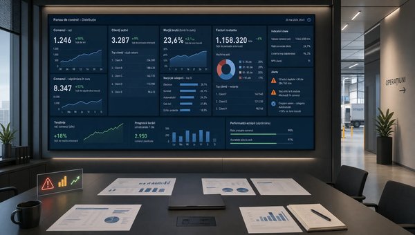 O scenă de tip locație/establishing într-o sală de control modernă pentru distribuție, văzută larg, cu un perete mare de monitorizare orientat spre cameră care afișează sinteze despre comenzi, clienți activi, marjă și facturi restante; în prim-plan, o masă de analiză cu foi de raport, un laptop închis și câteva semne discrete de alertă și trend, iar în fundal se sugerează legătura cu operațiunile printr-un culoar luminos și elemente de logistică abia vizibile. Compoziția trebuie să transmită decizii luate azi pe baza datelor, nu un birou aglomerat și nu o scenă de depozit dominantă.