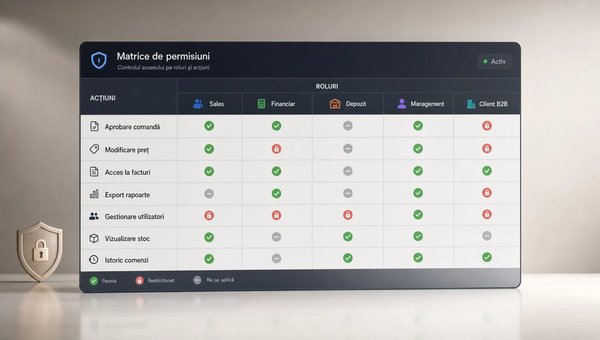 O scenă conceptuală într-un spațiu neutru, centrată pe o matrice de permisiuni pentru o platformă B2B: un tabel clar cu roluri precum sales, financiar, depozit, management și client B2B, fiecare coloană conectată la acțiuni diferite precum aprobare comandă, modificare preț, acces la facturi și export rapoarte. În prim-plan apare un singur panou de control cu drepturi activate și restricții marcate discret, sugerând control, responsabilitate și separarea accesului fără să fie un birou aglomerat sau o scenă de depozit.
