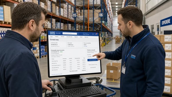 O scenă de tip moment de lucru într-un depozit en-gros modern, cu un cumpărător business și un coleg de vânzări privind împreună un terminal de comandă pe un cărucior de lucru, în timp ce pe fundal se văd rafturi ordonate și cutii pregătite pentru expediere. Ecranul este orientat spre cameră și prezintă o pagină de portal B2B pentru cont client, prețuri personalizate și trimiterea unei comenzi recurente, sugerând adoptarea self-service-ului în fluxul real de aprovizionare.