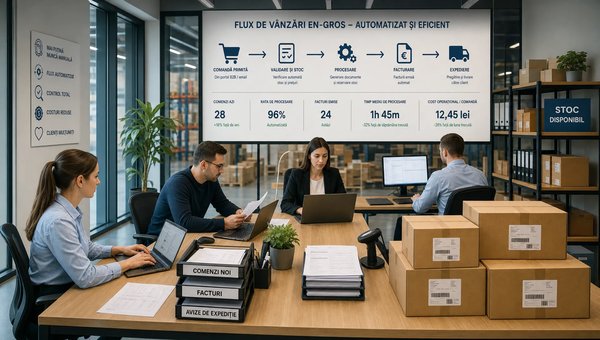 O scenă largă într-un centru de lucru B2B modern, cu o echipă mică la o masă de operațiuni, documente de comenzi și facturi organizate, un panou de proces orientat spre cameră și câteva cutii de marfă pregătite pentru expediere; compoziția sugerează reducerea muncii manuale, automatizarea fluxului și controlul costurilor în vânzările en-gros.