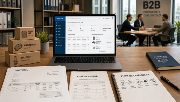 O scenă largă, conceptuală, într-un spațiu de birou modern, cu un laptop deschis orientat spre cameră pe care se vede un portal de comenzi B2B, iar în jur sunt aliniate facturi, o listă de prețuri și câteva cutii de produse; în fundal se distinge discret o zonă de întâlnire pentru negociere între companii, sugerând vânzări B2B, prețuri personalizate și flux de comandă organizat.