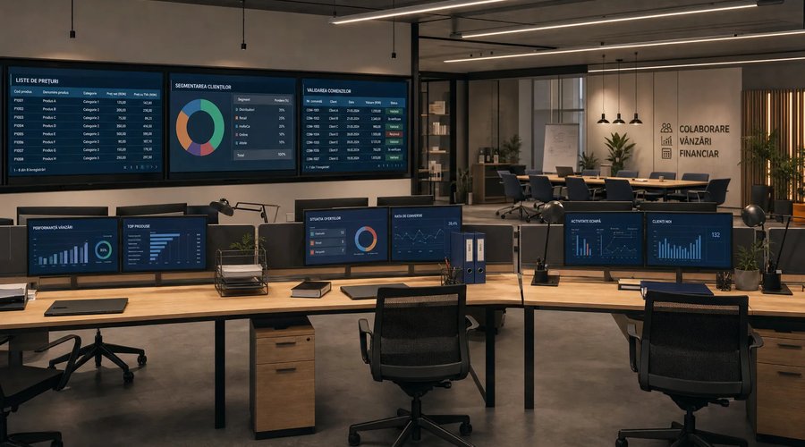 O vedere largă a unei camere de operațiuni comerciale ordonate, cu mai multe panouri de lucru dedicate listelor de preț, segmentării clienților și validării comenzilor, orientate spre cameră; pe mese apar dosare de lucru, un laptop închis și câteva suporturi de documente, iar în fundal se vede o zonă de colaborare pentru vânzări și financiar, fără accent pe depozit și fără personaj principal.