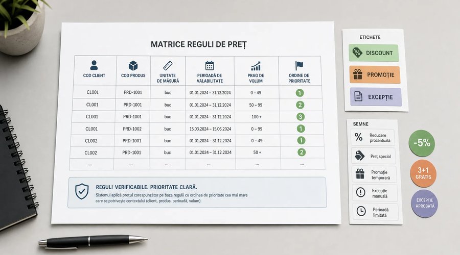 Un cadru conceptual într-un spațiu neutru de lucru, centrat pe o singură foaie mare cu o matrice clară de reguli de preț: cod client, cod produs, unitate de măsură, perioadă de valabilitate, prag de volum și ordine de prioritate marcate vizibil; alături se vede un set discret de etichete și semne pentru discounturi, promoții și excepții, sugerând cum se organizează prețurile personalizate în B2B ca reguli verificabile, nu ca note răspândite în documente separate, fără birou aglomerat și fără personaj principal.